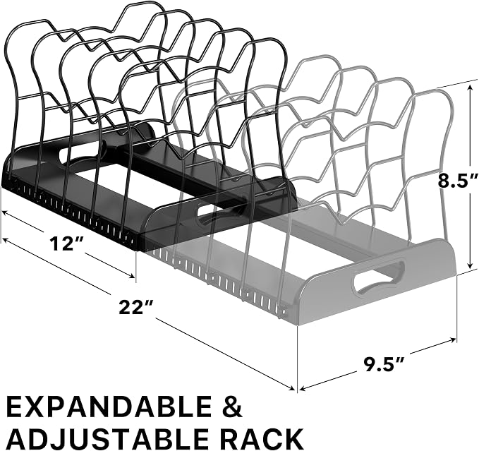 Simple Houseware Expandable Pan Rack 10 Adjustable Compartments, Black | Kitchen Cabinet Organizer for Pots, Pans, Lids & Bakeware - Pantry & Countertop Storage