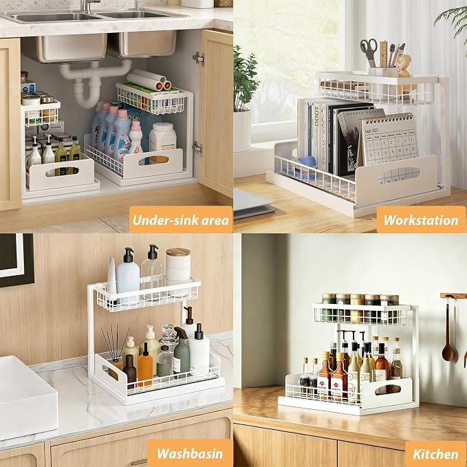 2 Pack Upgraded Under Sink Organizer, 2 Tier Pull out Kitchen Cabinet Organizer Metal Slide out Bathroom Organizers and Storage Makeup Drawer Organizer for Office Bedroom Restroom Living Room, L-White