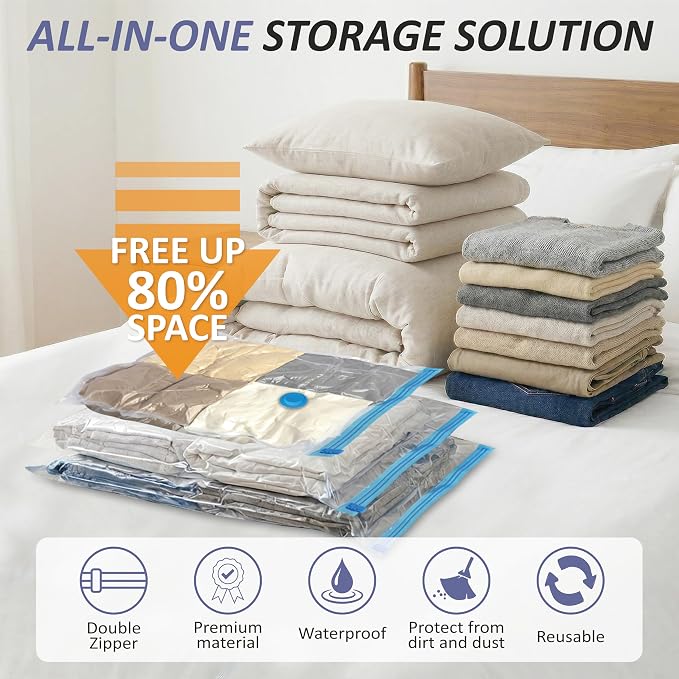 Cozy Essential Vacuum Storage Bags, 80% Compression Vacuum Seal Space Saver Plastic Packaging Bags for Clothes, Blankets, Pillow, Bedding, Comforters, Sealer Clothing Storage,25 Combo