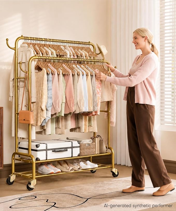Homde Sturdy Garment Rack for Bedroom: 265 lbs Heavy Duty Clothes Organizer | 2 Hanging Rods Hold Coat to T-Shirt - Easy Roll & Park on Wheels - Metal Frame Stays Solid & Stable at Full Load