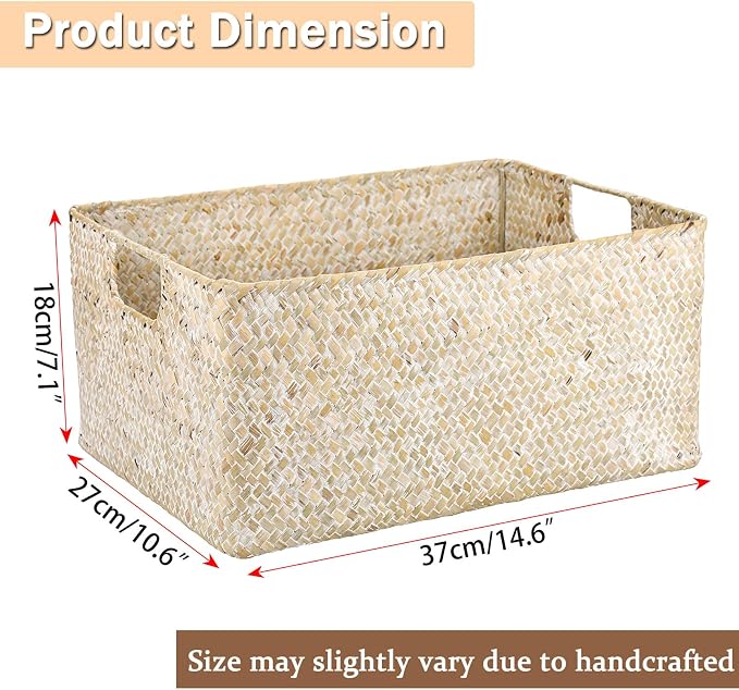 Hipiwe Wicker Shelf Baskets Seagrass Storage Opened Baskets Bin with Handle | Rectangular Closet Bedroom Basket Organizer Box, Multipurpose Woven Basket Home Organizer, Whitewash 14.6"x 10.6" x 7.1"