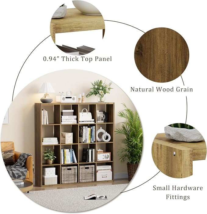 VDNEND Cube Storage Organizer Bookcase, Decorative 11 inch Open Back Cubical Shelf with Thickened Border, Display Bookshelf for Living Room, Home Office, Sturdy Room (Brown, 16 Cube)