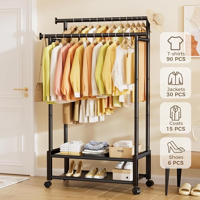 Double Rod Clothing Rack with 2 Shelves, Rolling, Black | All tools included, metal frame, 4 casters with 2 locking, for bedroom, laundry, and entryway