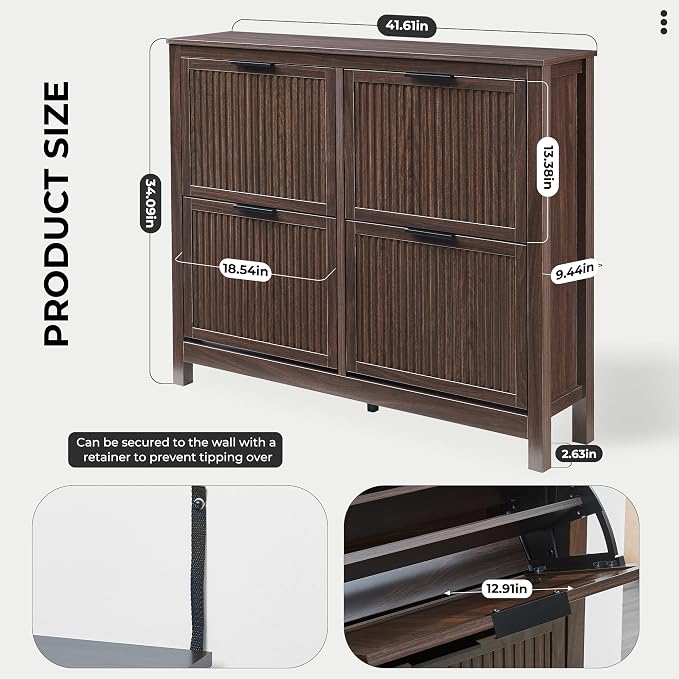 4-Flip Drawer Shoe Cabinet Narrow Entryway Rack, Brown | Vertical Wood Grain, Metal Handles, Adjustable Compartments, Removable Shelf, Anti-Tip Device, for Hallway Foyer Entryway
