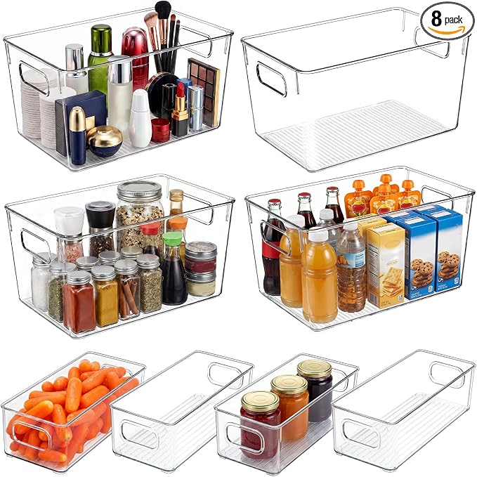YKIOKE 8 Pack Clear Plastic Storage Bins with Handles,4 Large and 4 Small Stackable Organizer Containers for Kitchen, Countertops, Cabinets, Fridge, Drinks, Fruits, Vegetable, Cereals