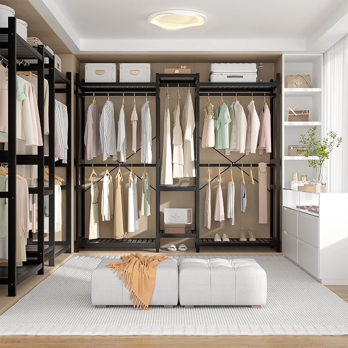 Bamboo Closet System Clothes Rack, Large Freestanding Garment Rack Clothing Rack for Hanging Clothes with 7 Storage Shelves and 5 Rods, Open Wardrobe Organizer with 4 Hooks, Black
