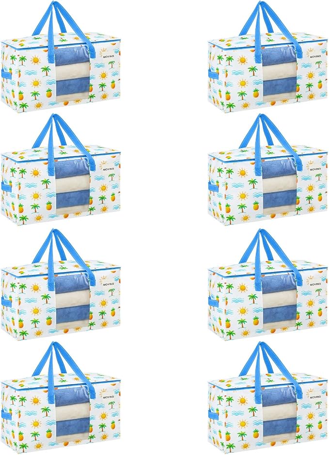 VENO Moving Bags, Wide Open Top, Clear Window, Tropical Island, 8 Pack | Moving boxes Alternative, Heavy Duty, Storage Bags, Clothes and Comforter Storage, Packing Supplies, College Dorm Essentials