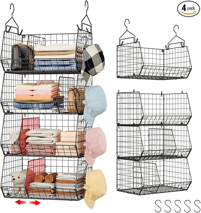 Jautokerdar 4 Tier Hanging Closet Organizer with Dividers,Extra Large Storage Hanging Shelf with 5 S Hooks 4 Dividers,Hang on Wire Closet Shelving Clothes Organizer-Black