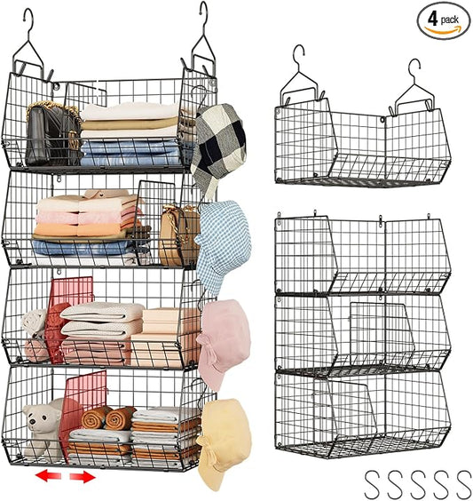 Jautokerdar 4 Tier Hanging Closet Organizer with Dividers,Extra Large Storage Hanging Shelf with 5 S Hooks 4 Dividers,Hang on Wire Closet Shelving Clothes Organizer-Black
