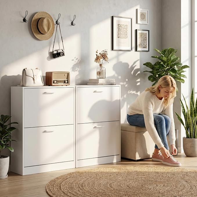 Shoe Cabinet with 4 Flip Drawers, Narrow Freestanding Shoe Organizer, Hidden Slim Shoe Storage Cabinet for Entryway, Hallway, Living Room, White
