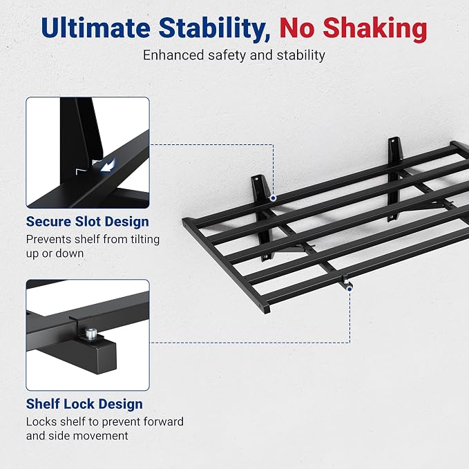 FLEXIMOUNTS 2-Pack 2x4ft Garage Wall Shelving, 8 Hooks, Heavy Duty, Black | Heavy Duty Garage Shelving Wall Mounted, 400lbs Capacity, Storage for Power Tools, Garden Supplies, Storage Bins, Lite Series