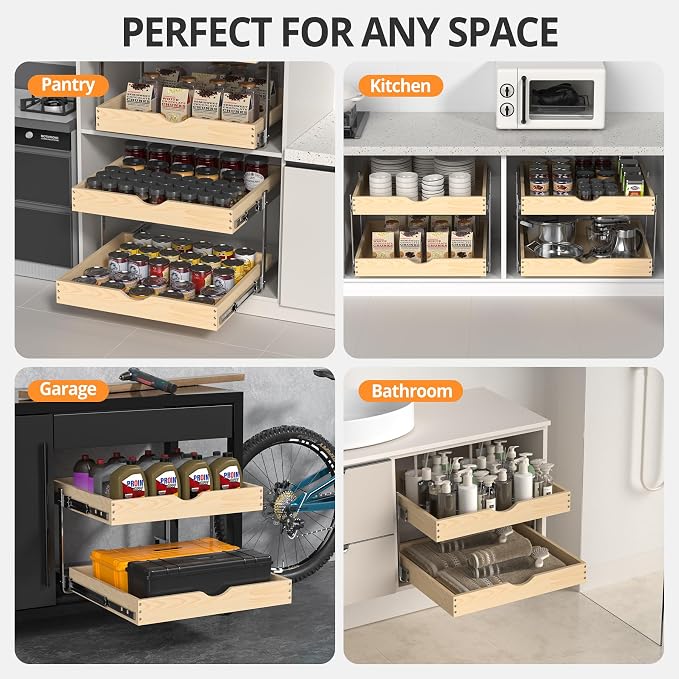 21" Deep 2-Tier Pull Out Cabinet Organizer - Wood Pull Out Drawers | Slide Out Shelves, Full-Extension, Ball-Bearing Slides, 3 Adjustable Heights (2-Tier, 23'W X 21''D Overall)