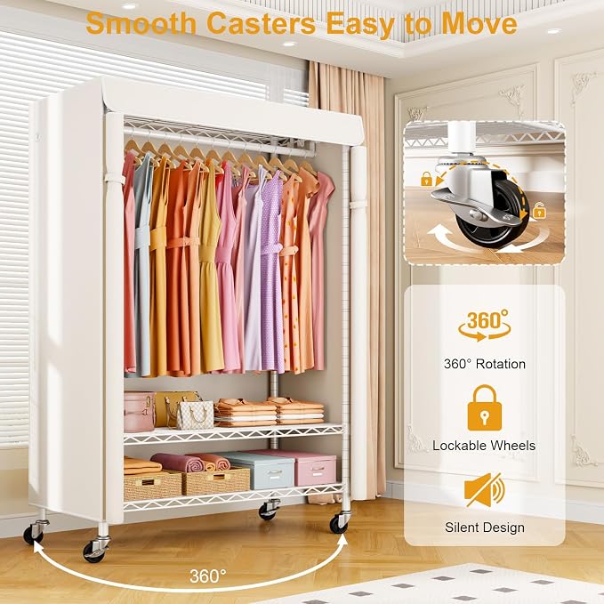 P6C Plus Rolling Clothes Rack with Cover, Covered Clothing Rack | Portable Closets for Hanging Clothes, Heavy Duty Garment Rack on Wheels, White Closet Rack with White Cover, Max Load 375LBS