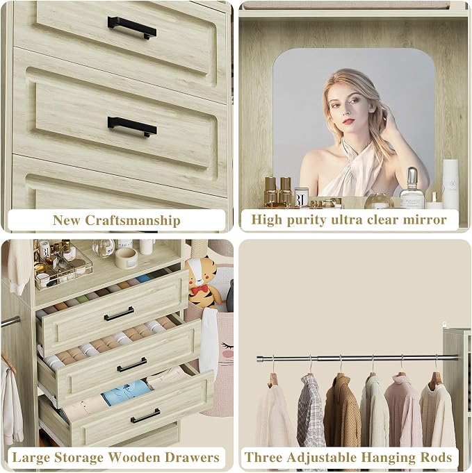 Unikito 48" W - 96” W Closet System with Mirror, 8FT Walk in Closet Organizer with Drawers and 3 Extendable Hanging Rod, Sturdy Wood Clothing Garment Rack with 25” Tower, Max Load 1000 LBS, White Oak