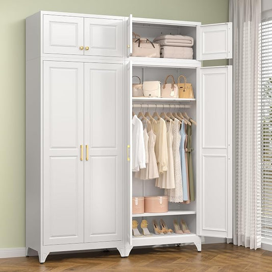 Polup 86" Tall White Metal Armoire Wardrobe Closet with Hanging Rod | Heavy Duty Steel Clothing Storage Cabinet, 4 Doors, 180lbs Adjustable Shelves, Shipped in 2 Packages for Bedroom, Garage