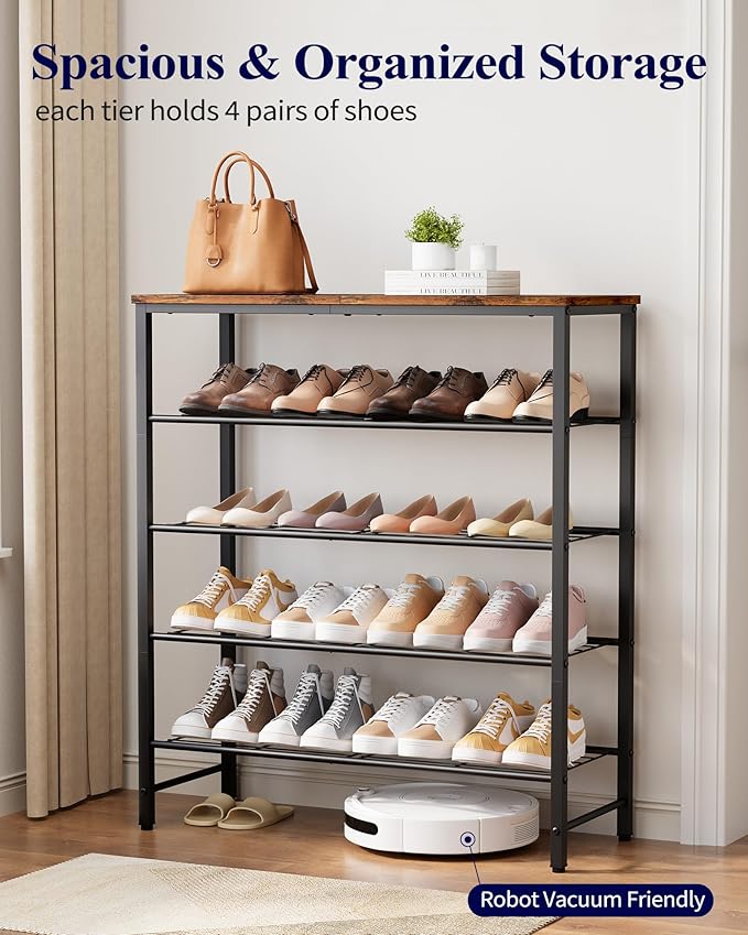 Kitsure Shoe Rack for Closet, Shoe Storage, 29.5" Wide - 5 Tier, Brown | Space-Saving Shoe Organizer with Leveling Feet, Sturdy & Rust-Proof Wooden Shoe Rack for Entryway, Bedroom, Living Room