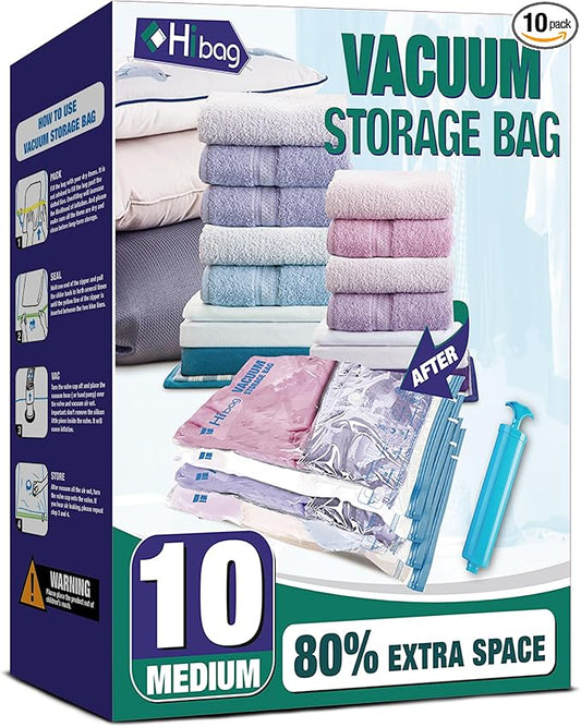 Vacuum Storage Bags, 10 Medium Space Saver Vacuum Seal Bags, Space Bags, Vacuum Sealer Bags for Clothes with Travel Hand Pump (10M) | Home and Travel, Airtight Triple Seal, Save 80% Space, Hand Pump, Work with Vacuum, Double Zip, Reusable, Easy to Use