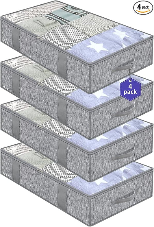 Onlyeasy Underbed Storage Bags Organizer, 4 Pack Large Capacity Under Bed Storage Containers with Reinforced Handles, Foldable Fabric Storage Bins with Clear Window, Herringbone Grey, 7MXRUBBP4