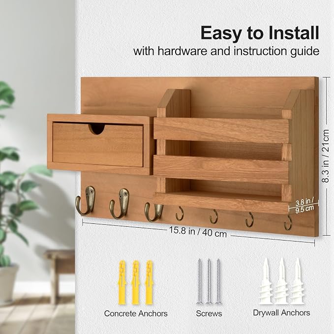 Lwenki Wall Mount Key Holder with Mail Organizer, 100% Paulownia Wood, 7 Metal Hooks, Storage Drawer, Entryway Home Decor