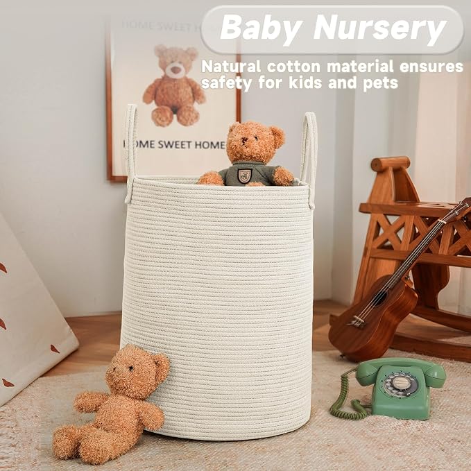JMvicyroam 100L Cotton Rope Laundry Basket Hamper, White | Collapsible laundry basket, reinforced handles, freestanding, machine washable, holds 3-5 thick blankets, clothes or toys