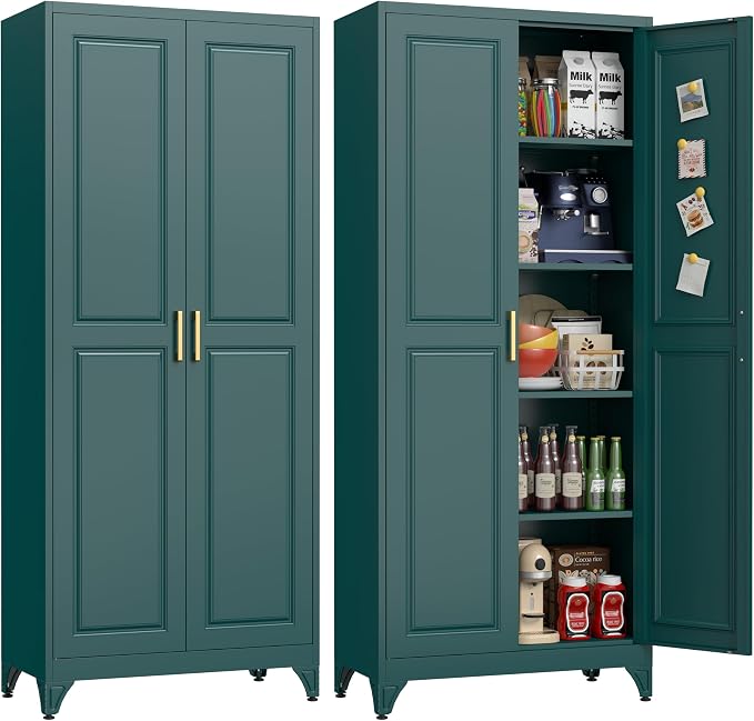 UNICOLY 75" Kitchen Pantry Cabinet, Metal Tall Storage Cabinet with Doors | Kitchen Storage Cabinets with 4 Shelves,Pantry Storage for Kitchens, Living Room, Dinning Room, Assembly Required, Green