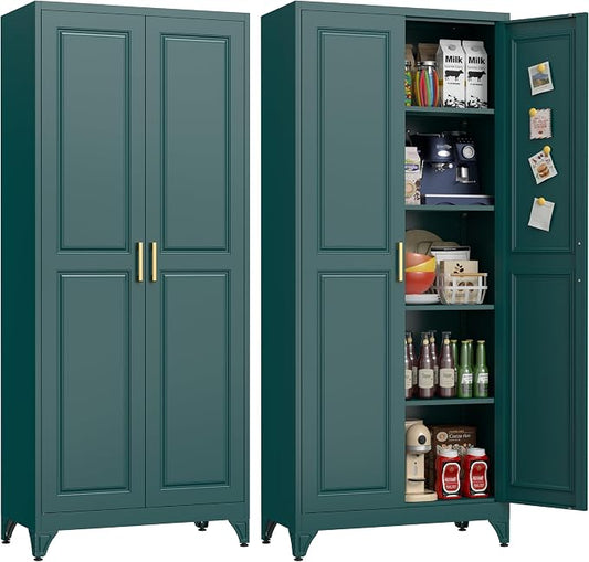 UNICOLY 75" Kitchen Pantry Cabinet, Metal Tall Storage Cabinet with Doors | Kitchen Storage Cabinets with 4 Shelves,Pantry Storage for Kitchens, Living Room, Dinning Room, Assembly Required, Green