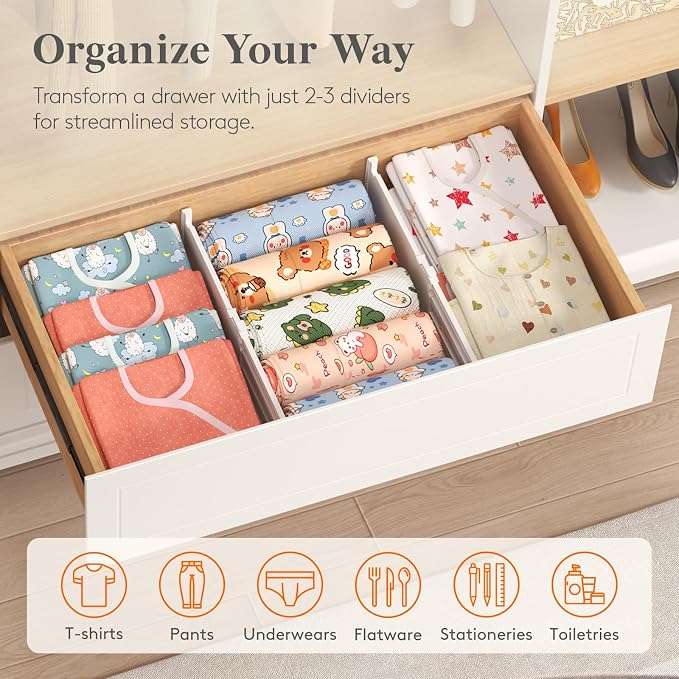 Lifewit 6 Pack 5" High Drawer Dividers for Clothes, 11.5"-18.5" Expandable Dresser Drawer Organizers, Adjustable White Plastic Separators for Kitchen, Cabinet, Nursery, Socks & Underwear Storage