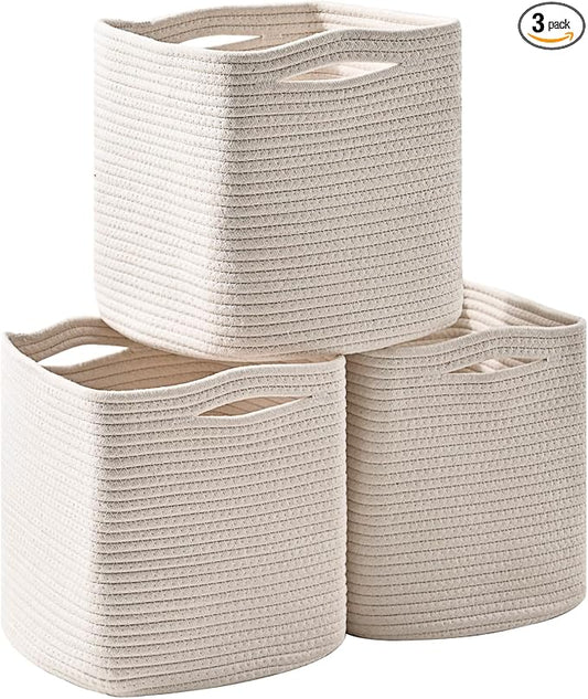 ICERZCZ 13 Inch Cube Closet Storage Bins, Woven Cotton Rope Organizer Baskets for Organizing & Shelves, Books, Towels, Clothes, Toys, 13x13x13 in, Off White (Pack of 3)