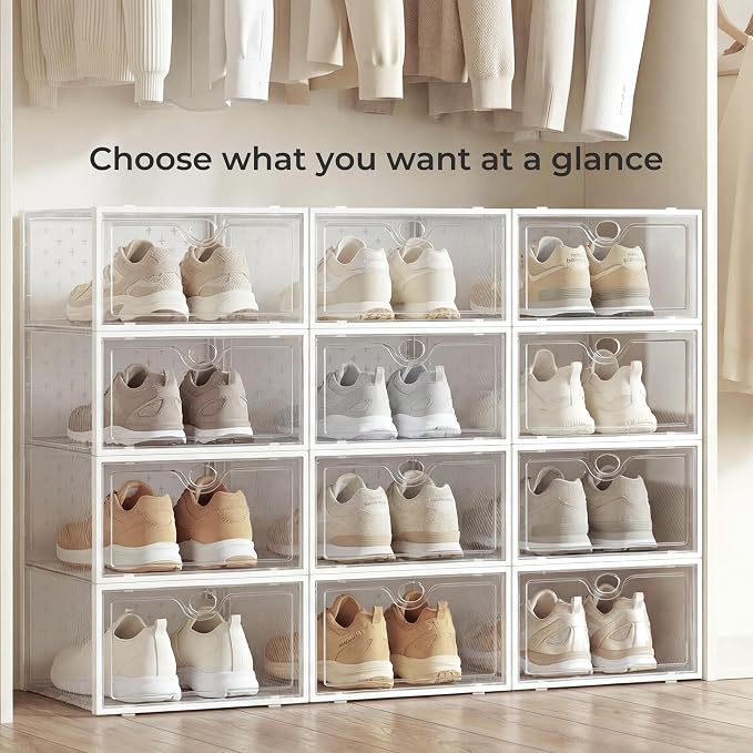 15 Pack X-Large Shoe Storage Boxes, Shoe Organizer Clear Stackable | Fit US Size 11, 6.2” Height, Shoe Dispaly Case Holder Bins Sneaker Storage for Sneakerheads, For Home and Family, White