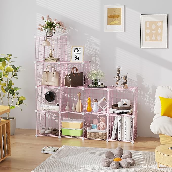 C&AHOME Wire Cube Storage, 12 - Cube Organizer Metal C Grids, Closet, Pink | Modular Shelves Units Storage Bins Shelving Bookshelf Shelf Cabinet