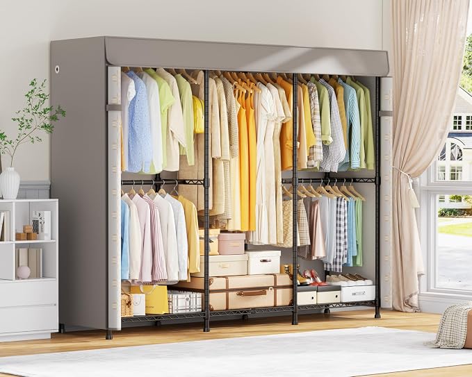 E14C Pro Heavy Duty Closet Organizer System (Brand Custom) | Freestanding Adjustable Garment Racks for Hanging Clothes，69"W × 16"D × 77"H Max 960lbs，Black Rack with Classic Pattern Cover