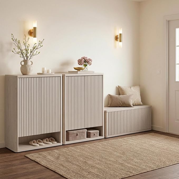 SICOTAS Shoe Cabinet 44 inch Tall Fluted Shoe Cabinet with Doors & 4 Shelves Wooden Large Hidden Shoe Storage Organizer Modern Free Standing 6-Tier Cabinet for Entryway Living Room Closet