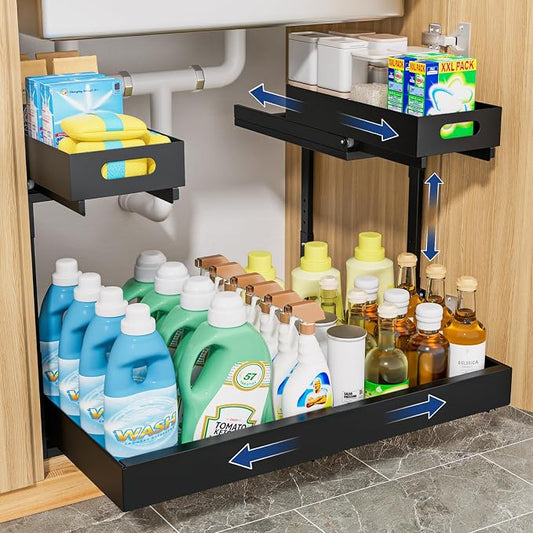 Insputer Upgrade Expandable Under Sink Organizer, 2 Tier Metal Under Cabinet Storage with 3 Slide Rails, Height Adjustable, Thickened Pull Out Drawer Shelf for Bathroom, Kitchen, Laundry, Pantry