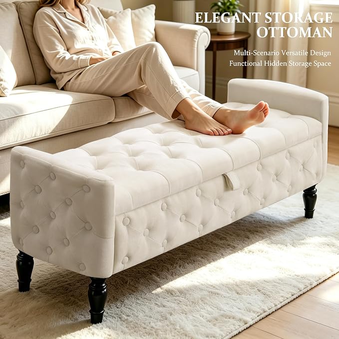 Royal Windsor 48" Ottoman with Storage,Tufted Storage Bench with Safety Hinge,Holds up to 350 lb,Black Wood Legs,Upholstered Bench with Arms for Bedroom,Living Room,Entryway,Linen Beige