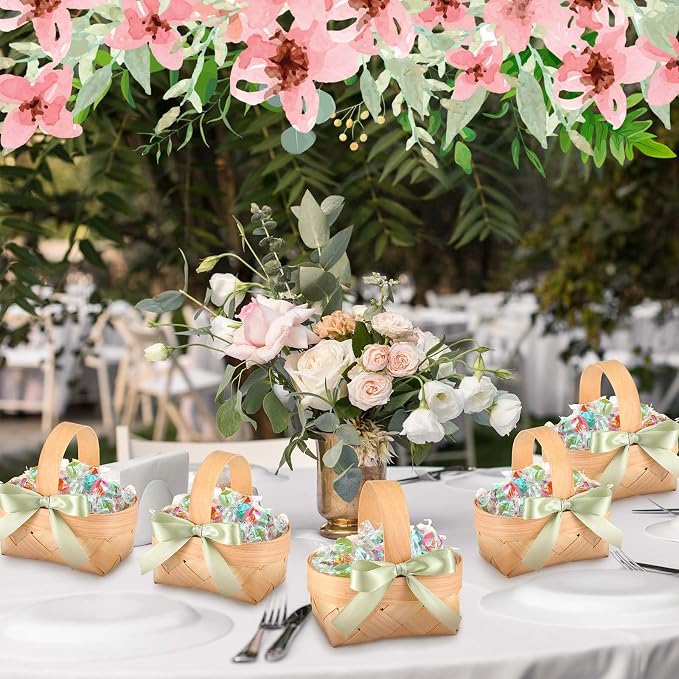 12 Pcs Mini Flower Girl Basket Mini Woven Baskets with Pearl Handles Wood Chip Flower Fruit Picnic Holder with Sage Green Ribbon Smell Gifts Bucket for Wedding Party Gifts Birthday Decoration