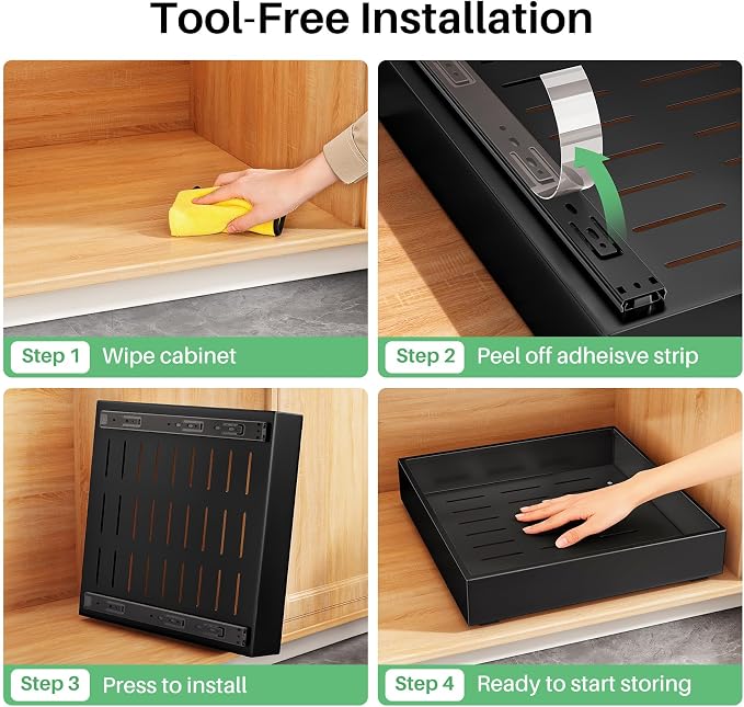Kitstorack 2Pack Pull out Cabinet Organizer, 21" Deep, Heavy Duty Full-extension Slide out Drawers for Kitchen Cabinet, Roll out Shelf Storage with Nano Adhesive for Pots, Bathroom, Pantry,Home,Black
