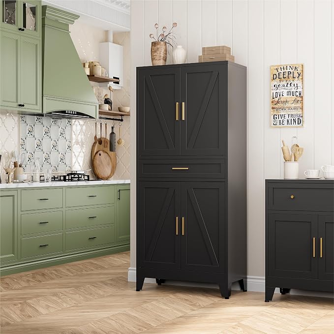 Bevivog 71" Kitchen Pantry Cabinet, Metal Storage Cabinet with Drawer, 2 Doors and 4 Adjustable Shelves Cabinet for Home Office Laundry Living Room Farmhouse Black Metal Pantry