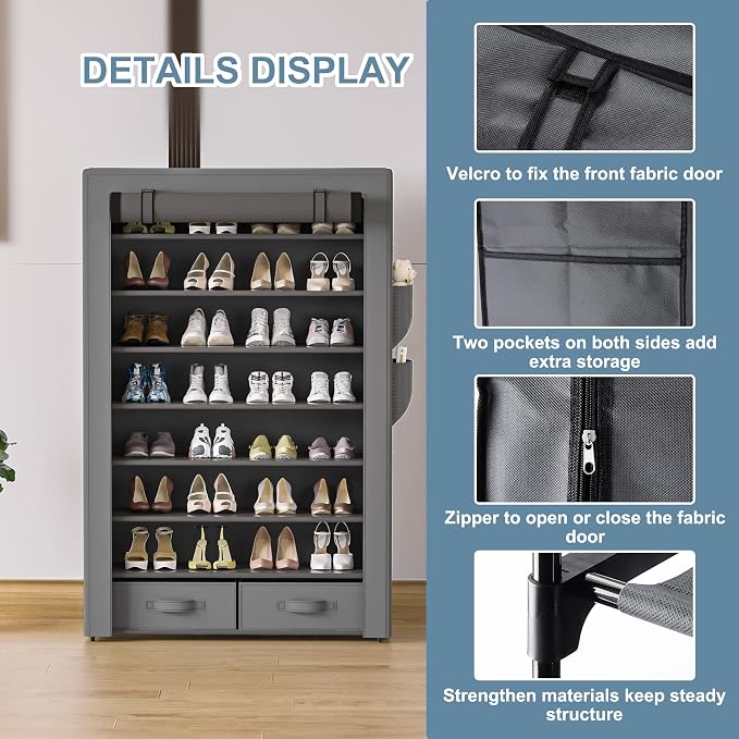OYREL Dustproof Shoe Rack with Cover Two Bins 32 Pairs Storage Organizer | Closet Cabinet Large Free Standing Shoe Racks Vertical Shoe Shelf Tall Vertical Boot Holder Stand