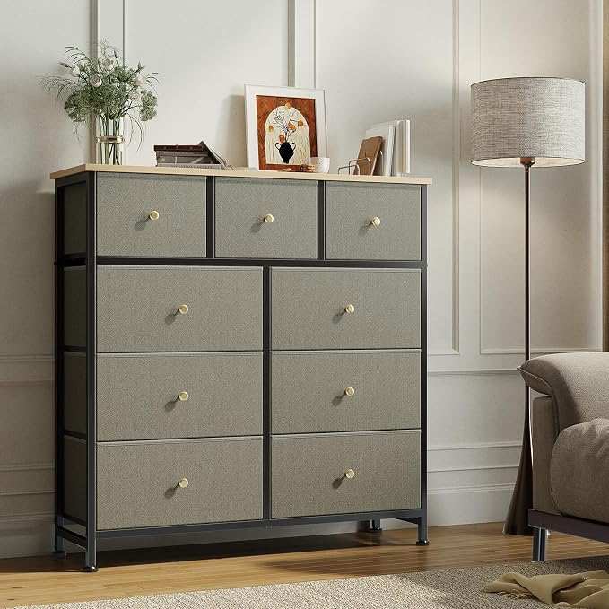 OLIXIS 9 Drawer Tall Dresser for Bedroom, Closet Organizers and Storage | Fabric Dresser with Wooden Top, Chest of Drawers for Clothes Storage, Tower Cabinet, Furniture, TV Stand, Dark Green