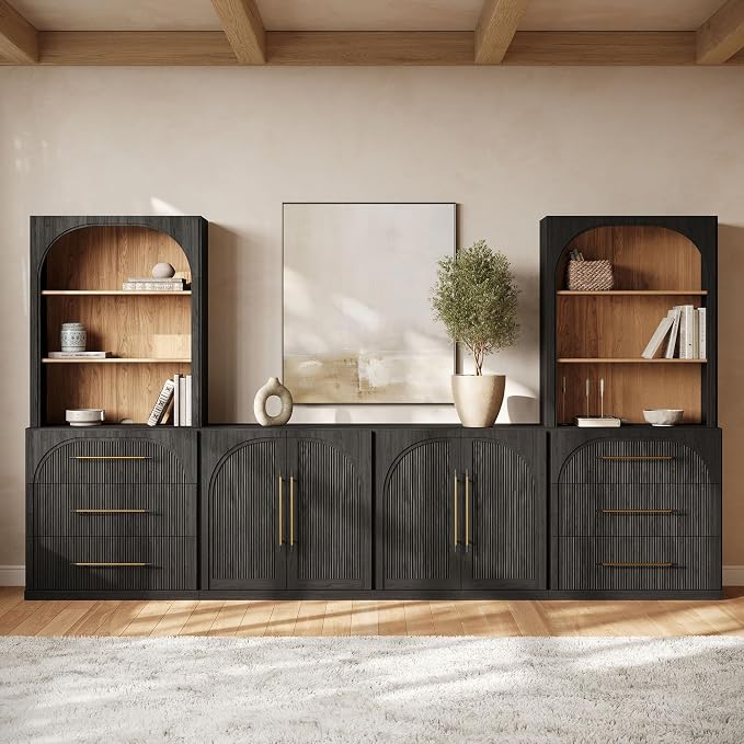 BELLEZE 6-Piece Modular TV Stand Set - 2 Sideboards with Drawers, 2 Double-Arc Wood Door Sideboards, and 2 Hutch Cabinets, Classic Modern Media Console with Adjustable Shelves for Living Room (Ebony)