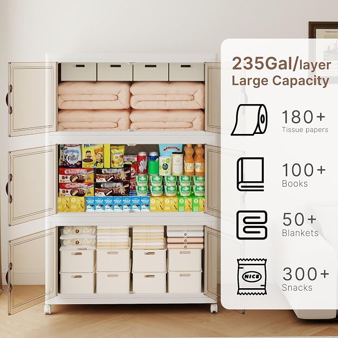 1016QT Extra Large Stackable Storage Bins with Lids & Wheels | & Door,Total 254Gal for 3-Tier set Foldable Collapsible Closet Organizers, Plastic containers drawers for bedroom Dorm