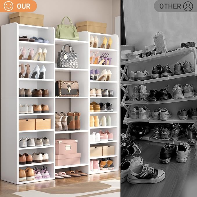 Unikito 14-Tier Wood Shoe Cabinet Storage Organizer with Cubbies, White | Freestanding Shoe Rack Shelf Featuring 22 Open Slots for Entryway, Front Door Entrance, Hallway, Living Room, Bedroom