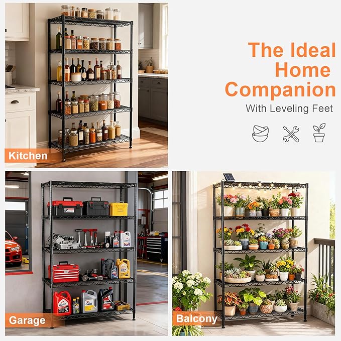 5-Tier Heavy Duty Shelving Unit, Metal Shelving with Lockable Wheels,Black | 30"Wx14"Dx62"H,Wire Shelf Rack,Height Adjustable Metal Storage Shelves Organizer for Kitchen,Garage,Office,Laundry,Pantry