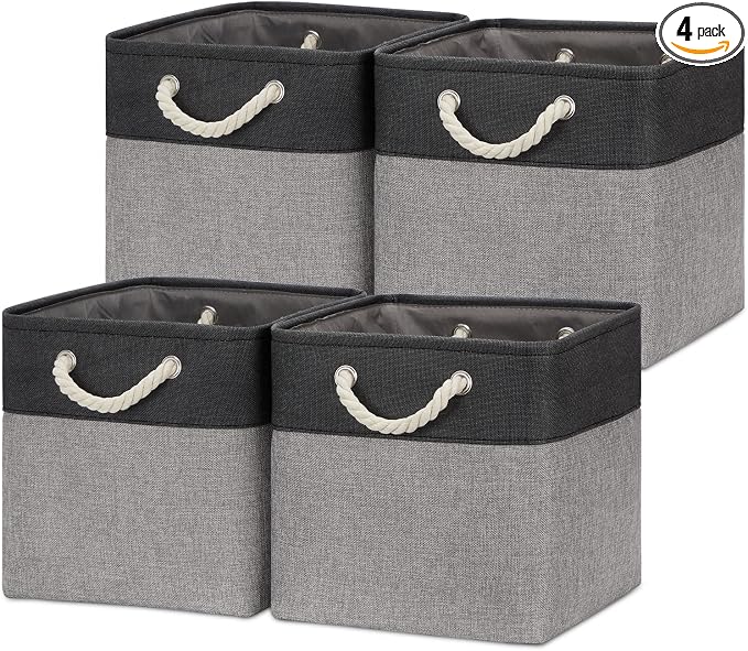 Temary 12 Inch Cube Storage Baskets 4 Pack Fabric Storage Bin for Clothes, Large Baskets with Handles, Basket for Organizing Towels, Blankets, Collapsible Cube Storage Bins (Black&Gray)