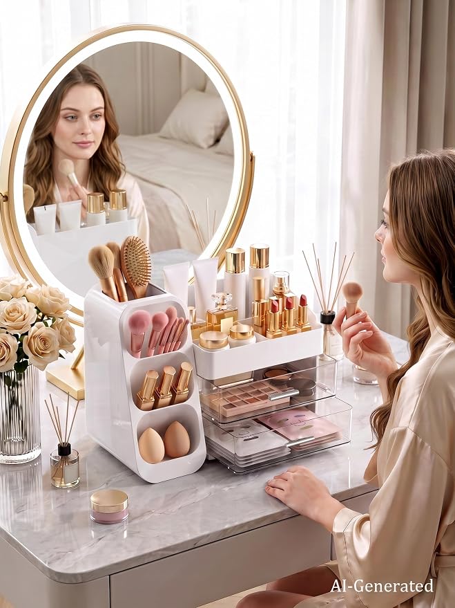 Makeup Organizer for Vanity - Large Skincare Organizers Countertop, Cosmetic Organizer with Brush Holder and 2 Drawer, Makeup Storage for Lipsticks, Nail Polishes, Eyeshadow Palettes, White