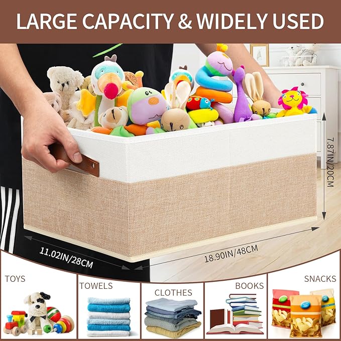 6 Pack Fabric Storage Bins, Large Storage Baskets for Shelves | Foldable Closet Organizer Storage Boxes with Leather Handles for Clothes, Sheets, Jeans, Toys, Books (Beige and White)