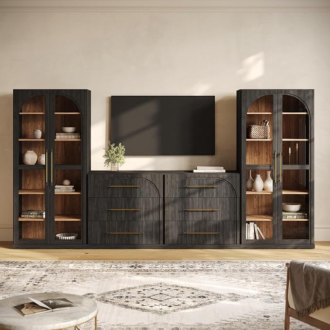 BELLEZE 4-Piece Modular TV Stand Set - 2 Sideboards with Drawers and 2 Tall Storage Cabinets, Classic Modern Media Console Entertainment Center with Adjustable Shelves for Living Room, Ebony
