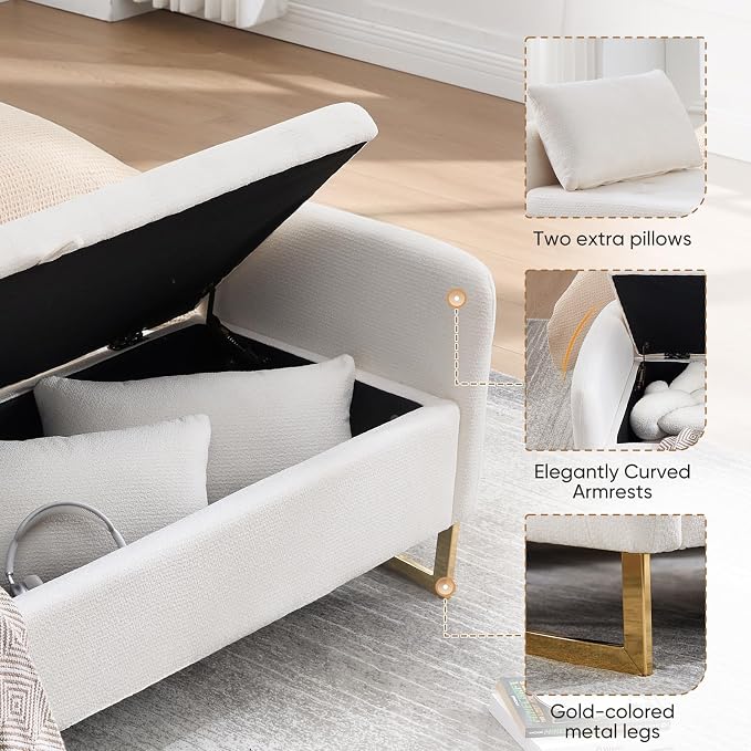65" Storage Ottoman Bench, Storage Bench for Bedroom, End of Bed Storage Bench with Tufted Upholstered and Gold Legs, Bedroom Benches with Arms Window and Entryway, Chenille Cream