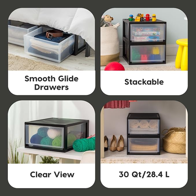 IRIS USA 2-Pack 30 Qt. Stacking Drawer Organizer with Sliding Drawer, Black | Organize clothing, accessories, office supplies, and household essentials around your home with easy access to stored items