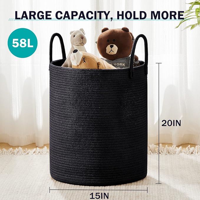 YOUDENOVA Woven Rope Laundry Hamper Basket, 58L Blanket Basket for Nursery | Large Woven Laundry Hamper with Sturdy Handles, Collapsible Home Decor Laundry Basket for Laundry, Clothes, Toys in Bedroom